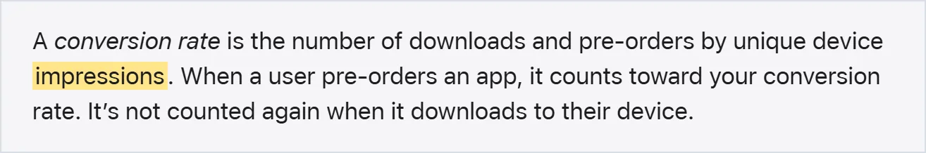 App Store 전환율의 분모는 앱을 본 고유 기기 수다. 출처: Apple App Store Connect 지표 정의, 2026-10-03 캡처