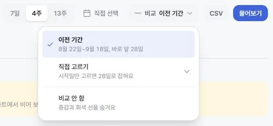 비교 메뉴. 이전 기간, 직접 고르기, 비교 안 함. 항목마다 실제 날짜를 같이 적었다