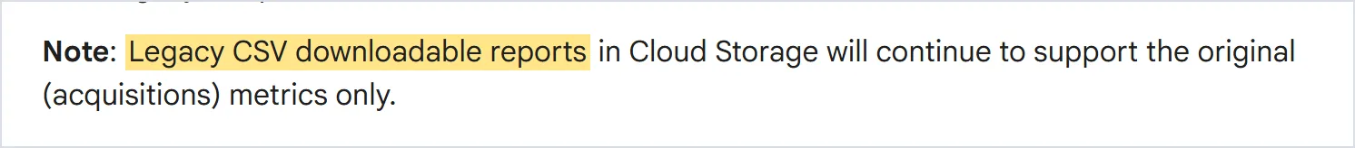 Cloud Storage CSV는 원래 지표만 계속 제공한다. 출처: Play Console 도움말, 2026-10-03 캡처