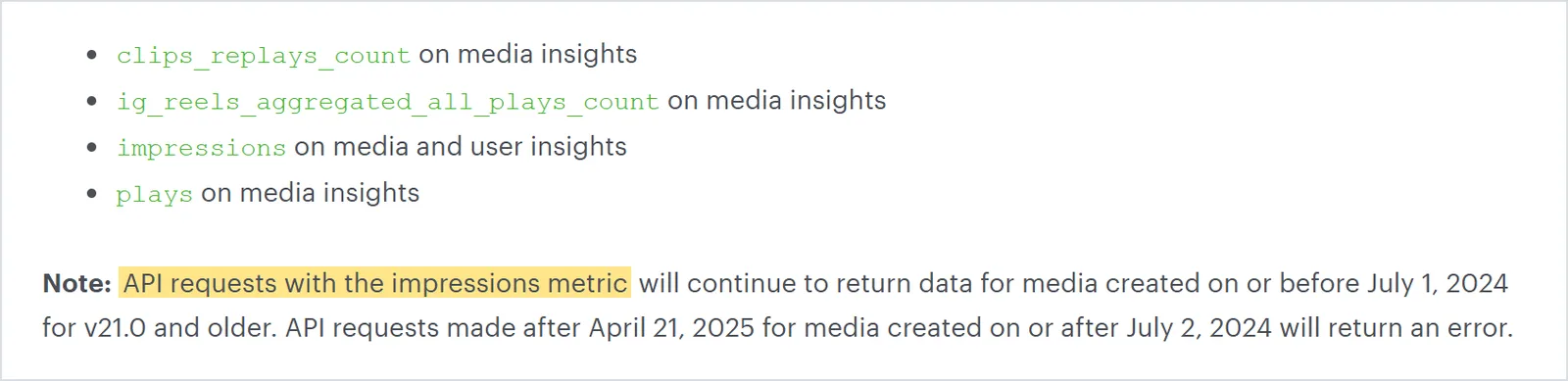 impressions 지표는 2025년 4월 21일부터 오류를 낸다. 출처: Meta Graph API 변경 기록, 2026-10-03 캡처
