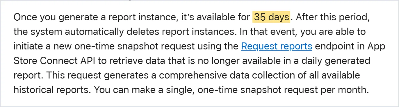 App Store 분석 리포트 파일은 35일 뒤 삭제된다. 출처: Apple Analytics Reports 문서, 2026-10-03 캡처