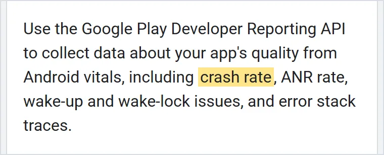 Play Developer Reporting API 소개. 앱 품질 지표용이라고 적혀 있다. 출처: Google Play Developer Reporting API 문서, 2026-10-03 캡처