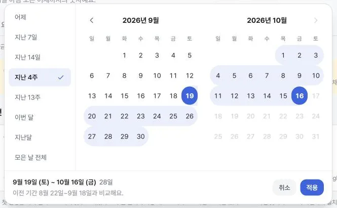 직접 선택. 왼쪽에 자주 쓰는 기간, 오른쪽에 두 달 달력. 고른 뒤 적용을 눌러야 바뀐다
