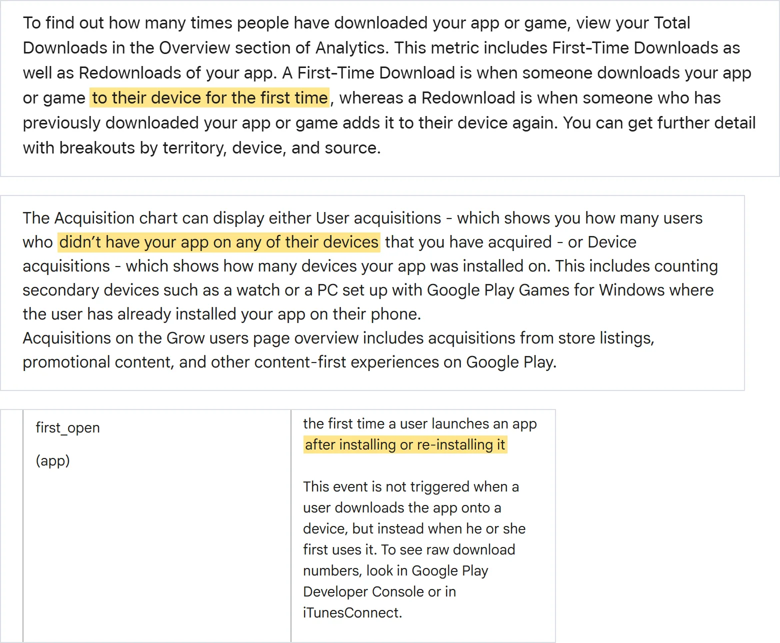 위부터 App Store, Google Play, GA4 공식 도움말. App Store는 그 기기에 처음 받은 것, Play는 어느 기기에도 앱이 없던 사용자, GA4는 설치하고 처음 연 순간을 센다. 2026-10-19 캡처